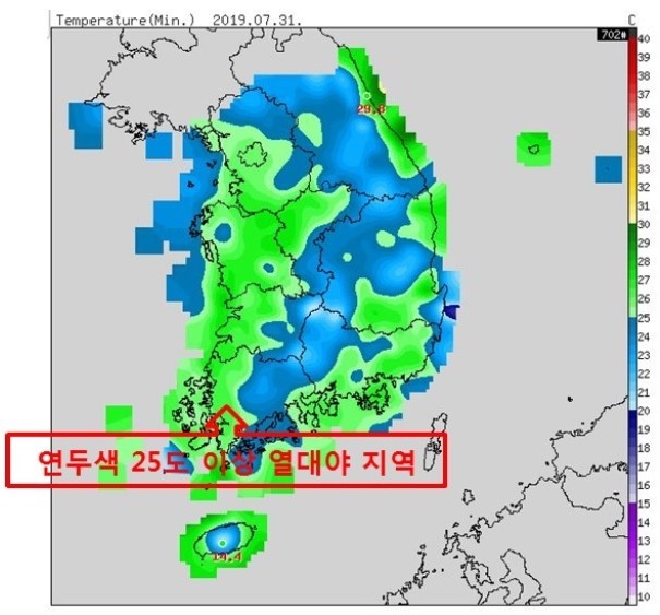 최저기온 분포도(2019.07.31 07:00)/기상청
