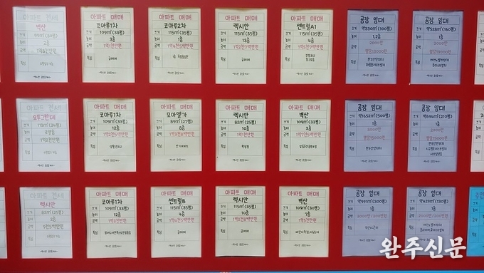 봉동읍 둔산리 한 공인중개사 사무실 앞에 붙어있는 게시물