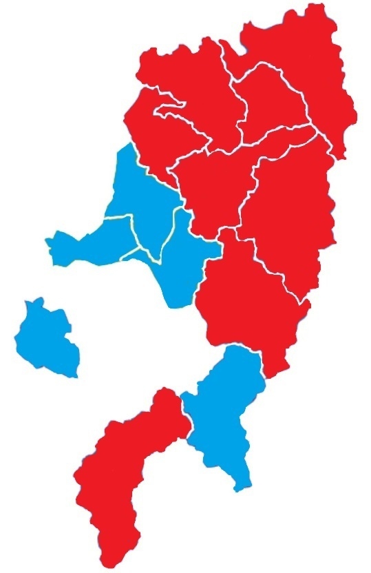 빨간색이 완주군 소멸고위험 지역