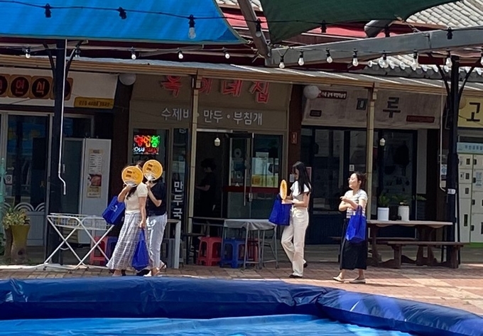 통합 장점을 알리는 홍보물을 들고 고산시장을 활보하는 전주시 공무원들/독자제공